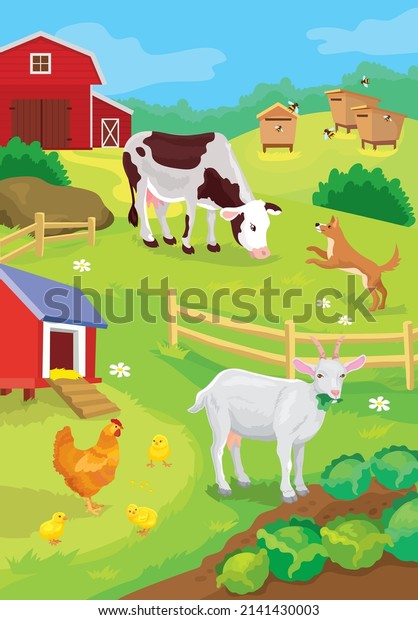 Vector illustration of farm animals graze in yard\
and dog plays