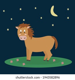 Vector illustration of Farm animals. A horse walks in a meadow at night. Postcard with livestock walking in the pasture. Vector illustration