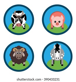 Vector illustration of farm animals. Horse, sheep, pig and cow on the grass. Grouped for easy editing. 