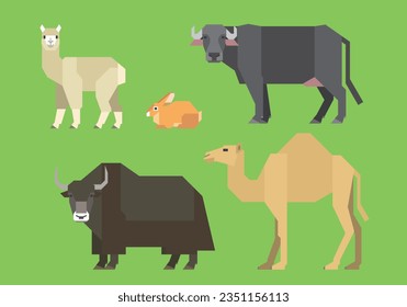 Vektorgrafik von Nutztieren einschließlich Alpaca, Hauskaninchen, Wasserbüffel, Yak, Kamel.