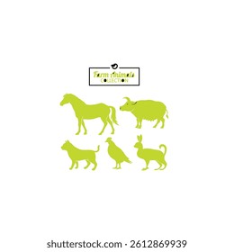 Vector illustration of farm animals including a horse, cow, cat, bird, and rabbit.  Simple, green silhouettes. Perfect for logos or designs.