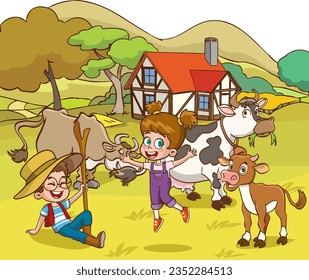 vector illustration of farm animals and kids