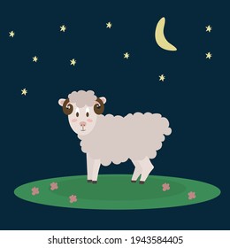 Vector illustration of Farm animals. A lamb walks in a meadow at night, it's livestock. Vector illustration