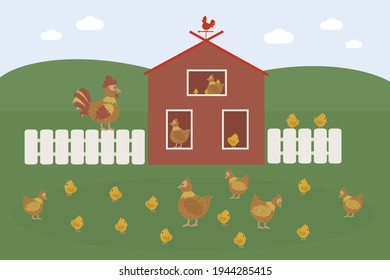 Vector illustration of farm animals with landscape. Man farm in cartoon style. Working farmers tend and feed their livestock. Vector illustration