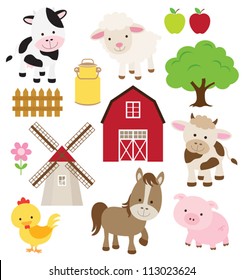 Vector illustration of farm animals and related items.