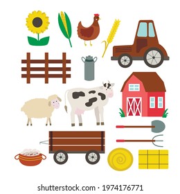 Vector illustration of farm animals and related items.