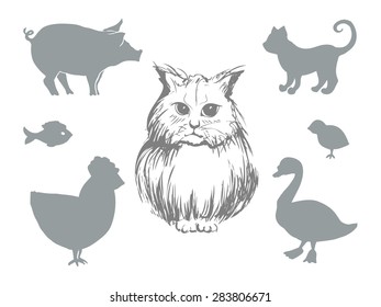 Vector illustration of farm animals and related items.vintage