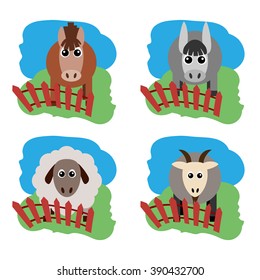 Vector illustration of farm animals and related items. Horse, sheep, goat, a donkey on the grass behind the fence. Grouped for easy editing. 