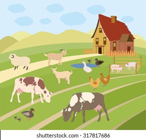 Vector Illustration of Farm Animals. illustration of rural scene with farm animals. Landscape farm vector illustration. Grazing animals.