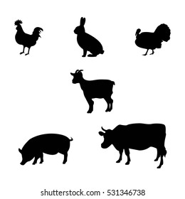 Vector  illustration farm animals silhouettes isolated on white background. 