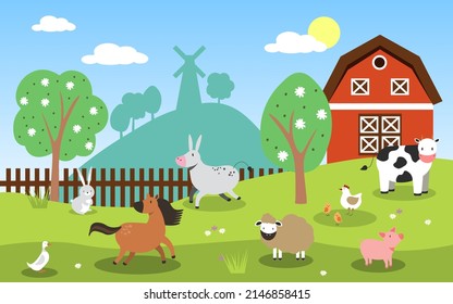 Vector illustration of farm animals such as cow, horse, pig, sheep, chicken, rabbit with barn and windmill. EPS