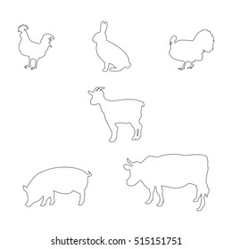 Vector illustration farm animals, thin line style, flat design. Farm animals icon set.