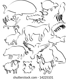 Vector illustration of farm and aquatic animals