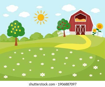 Vector illustration of farm background, barn, fence, sunflower, meadow.
