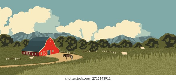Ilustración vectorial. Fondo de la granja. Vida en la granja, cubierta, Anuncio.