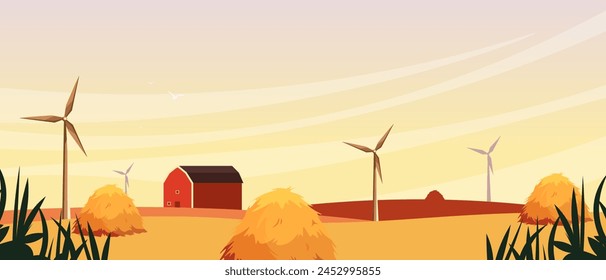 Vector illustration. Farm, background for packaging, website, landing page, horizontal cover. Modern design. Agriculture. Rural scene.