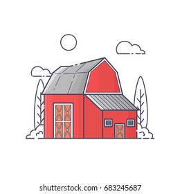 Vector illustration of farm barn. Color line art