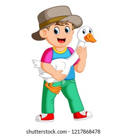 vector illustration of a Farm boy holding a goose