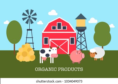 Vector illustration of farm with cute livestock and Organic Productions words. Bio farm concept. Eps flat horizontal image.
