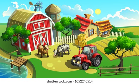 Vector Illustration. Farm With Field, Tractor, Houses, Shed And Cows.