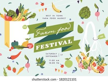 Vector illustration farm food festival horizontal poster or banner. Compostion with natural vegetables and organic fruits