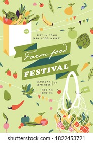 Vector illustration farm food festival horizontal poster or banner. Compostion with natural vegetables and organic fruits