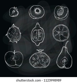 Vector illustration of farm fresh fruits for greeting card/print on t-shirt/invitation/poster/store/gift/banner template. Organic summer fruits on black background. Set of 9 fruits.