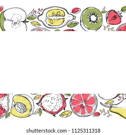 Vector illustration of farm fresh fruits for greeting card/print on t-shirt/invitation/poster/store/gift/banner template. Organic summer fruits on white background.