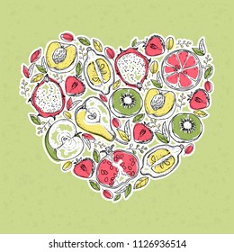 Vector illustration of farm fresh fruits for greeting card/print on t-shirt/invitation/poster/store/gift/banner template. Organic summer fruits in heart on light green background with texture.