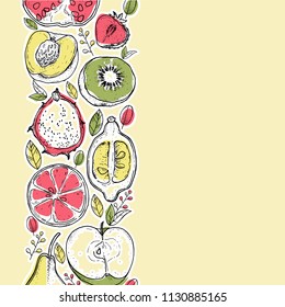 Vector illustration of farm fresh fruits for greeting card/print on t-shirt/invitation/poster/store/gift/banner template. Organic summer fruits on light yellow background.