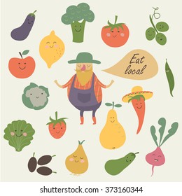 Vector illustration of farm fruits and vegetables with funny farmer in cartoon style. 'Eat local' poster.