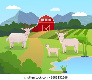 Vector illustration of a farm with greenfield and blue lake, garner and trees with goats family on it. 