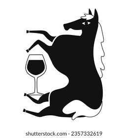 Vector illustration with farm horse animal holding wineglasses with wine or cocktails. Trendy black white print design, monochrome party invitation celebration greeting card