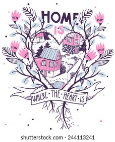 vector illustration of farm houses and abstract tulips with vintage lettering
