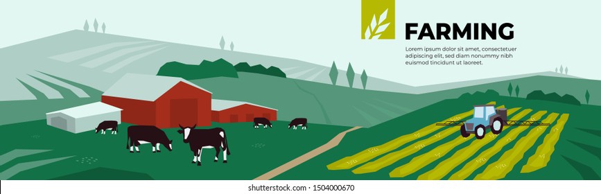 Ilustración vectorial de tierras agrícolas, pastos, vacas, edificios agrícolas, riego tractor rociando en el campo. Diseño para la ganadería. Plantilla para banner, informe anual, impresión, sitio web