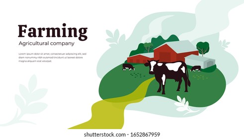 Vektorillustration Illustration von Bauernland, Weide, Kühe, Agrargebäude. Landwirtschaft oder Landwirtschaft Design für Viehzucht- oder Molkereibetriebe. Landschaftliche Landschaft. Muster für Banner, Flyer, Website