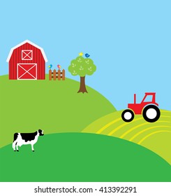 vector illustration of farm landscape background with barn, cow, tractor, birds