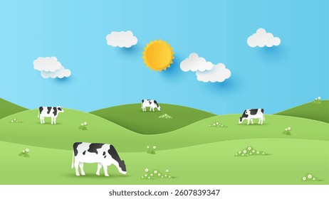 Vector illustration of farm landscape with cows and mountain on a sunny day. Paper cut and craft style illustration