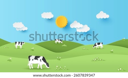 Vector illustration of farm landscape with cows and mountain on a sunny day. Paper cut and craft style illustration