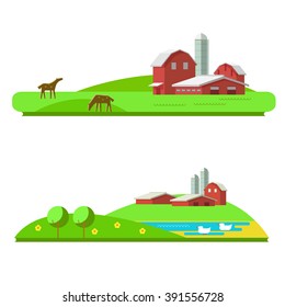 Vector illustration of farm landscape in flat design. Horse farm on a white background. Poultry farm on isolated. Rural landscape with a farm, hills and animals: horse and duck