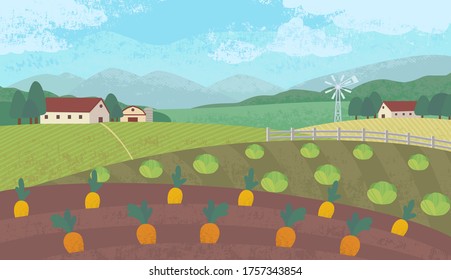 Vector illustration with farm landscape growing cabbage and carrot crops in cartoon style. Outdoor landscape background. Spring farm field scene for banner or poster design. 