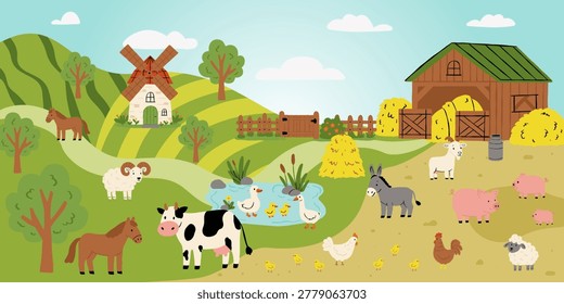 Vector illustration of a farm landscape. Rural scene with animals, a pond, a windmill, fields, a barn, a pasture, and a meadow. A lovely spring or summer nature background.