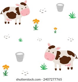 Vector illustration of a farm life cow with bucket of milk and flower isolated on white background