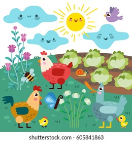 Vector illustration of Farm life. Cute chicken and ducks in the garden
