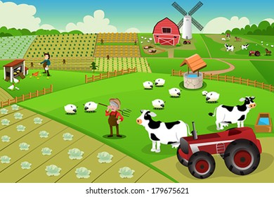 A Vector Illustration Of Farm Life Viewed From Above