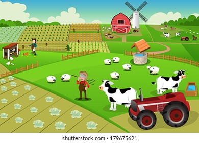 A vector illustration of farm life viewed from above