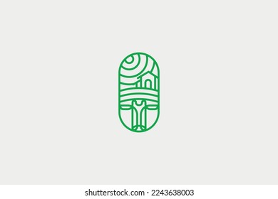 vector illustration of farm logo with outline emblem style and green color. cow, field, and farm house inside the logo. perfect for any industry