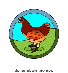 a vector illustration of a farm logo with an outlined hen in the garden
