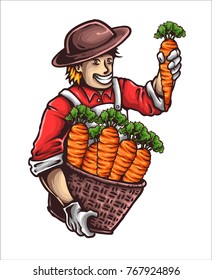 vector illustration of farm people with bucket full of carrots harvesting
