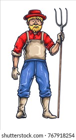 vector illustration of farm people with fork tool
